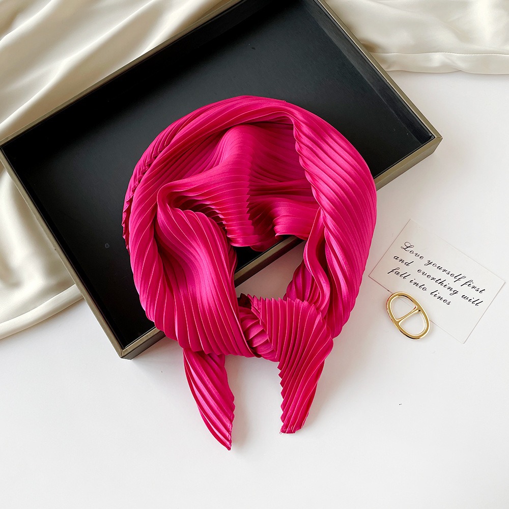 K350 70cm solid color pleated silk scarf decorative neck scarf spring and summer sun protection thin scarf versatile scarf pleated square scarf for wo