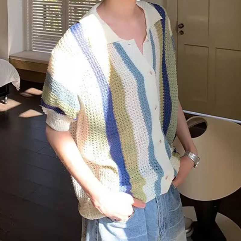 Casual breathable hollow mens summer beach casual short sleeved knitted shirt mens fashionable striped knitted top X250410