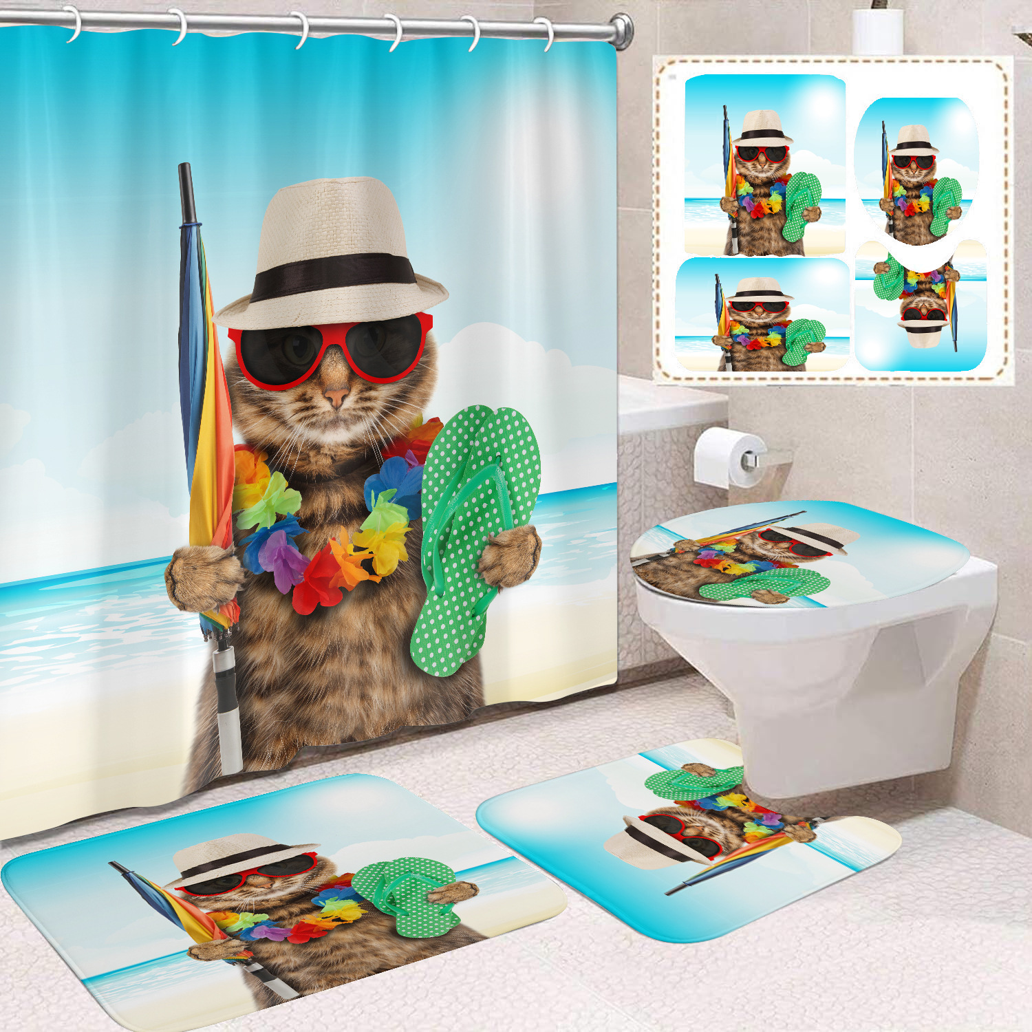 YL-37675 Black and White Cat Shower Curtain Waterproof and Mildew-proof Digital Print Shower Curtain Four-Piece Set