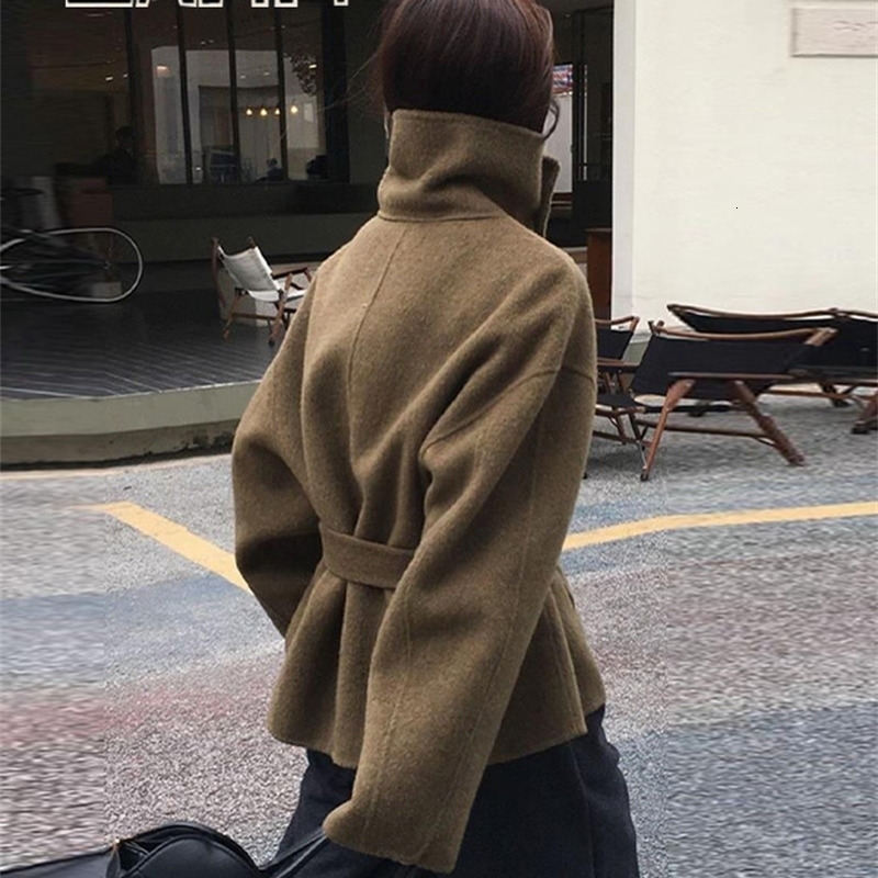 Woolen Solid Women Coat Fashion Belt Patchwork Lace Up Full Sleeve Lapel Lady Jacket Autumn Winter Female Loose Streetwear 251105