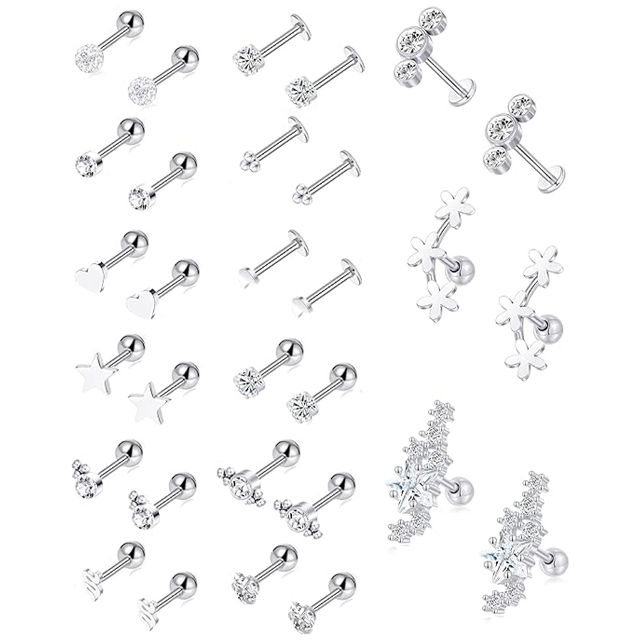 30Pcs Cartilage CZ Stud Earrings Conch Forward Helix Tragus Daith Piercing Lip Rings Heart Butterfly Jewelry for Women Men 16G Silver Tone