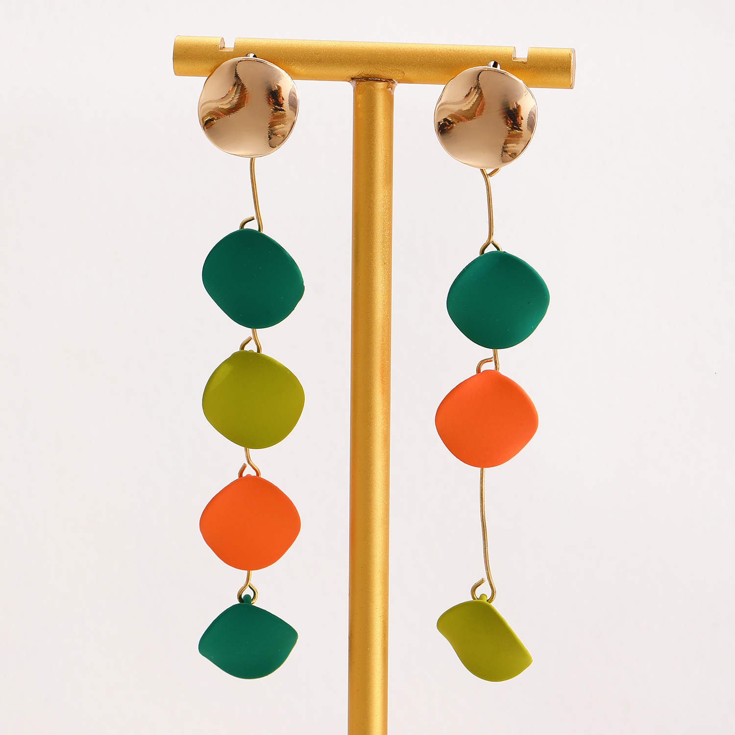 New High-End Niche Style Colorful Asymmetric Contrast Color Round Metal Long Stud Earrings for Women