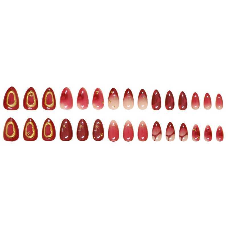 24 pieces of deep red simple French fake nails Baroque Starry Ins pressed on nails suitable for women to wear detachable short almond fake nails W2504