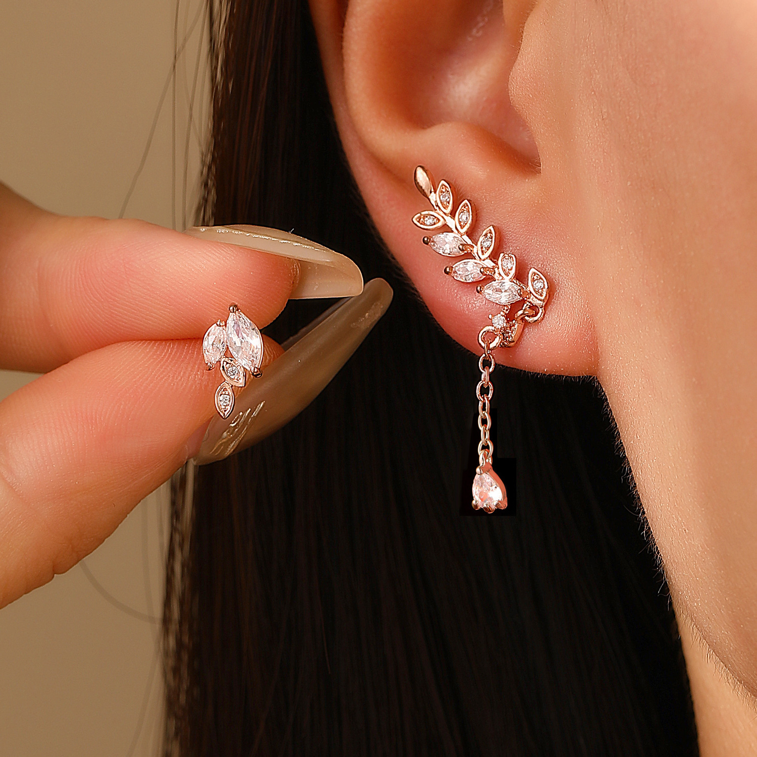 Fashion Asymmetric Copper Inlaid Zircon Leaf Earrings for Women