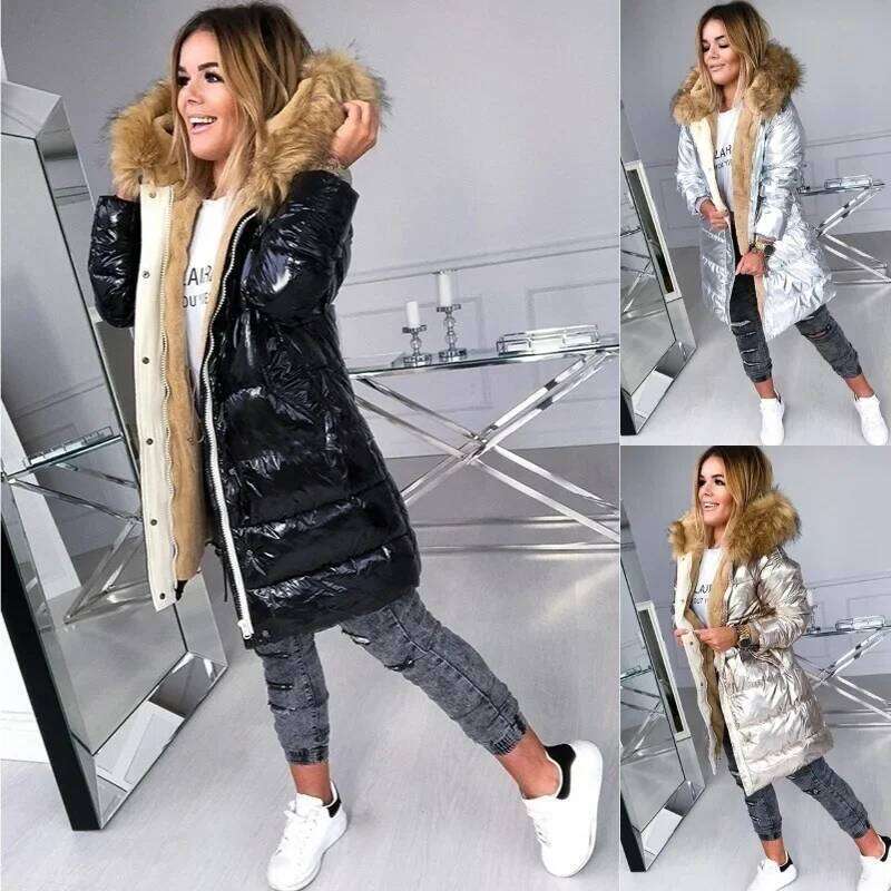 Casual Keep Warm Women Solid Color Glossy Zipper Fur Collar Overcoats Jackets Coat Outwear Parkas Coats