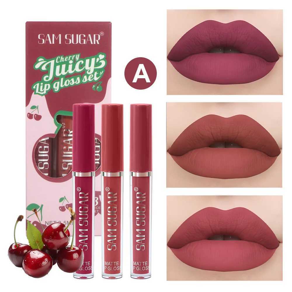 Fruit Cherry Strawberry Liquid Lipstick Makeup Kit Non Stick Cup Colorfast Long Lasting Velvet Matte Peach Lip Gloss Set 3pc/setT251110