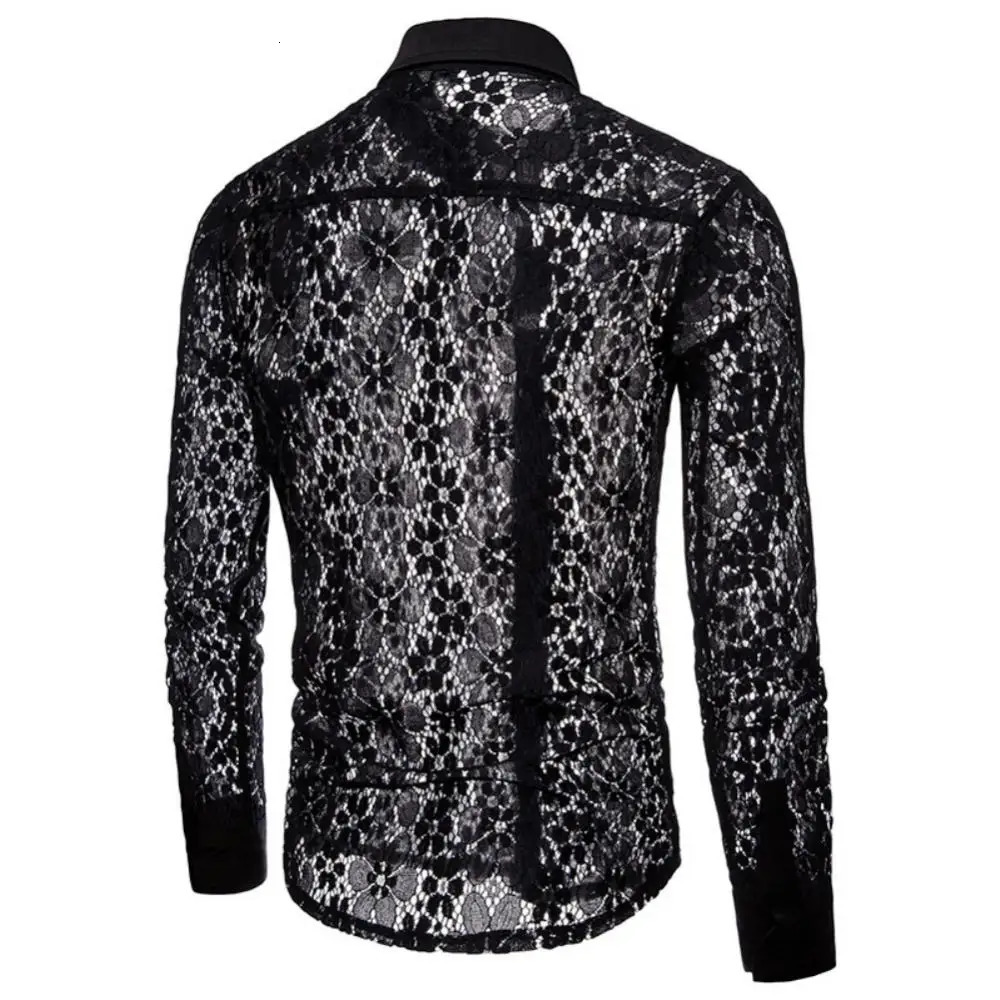 Turn Down Collar Cotton Men Shirts Long Sleeve Buttons Shirt Men Solid Color Sexy Lace See Through Clubwear Down Shirt 250408