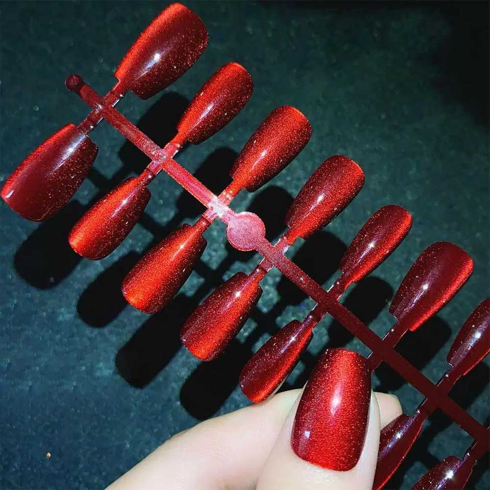 30 smooth red cat eye pressure on nails fully covered nude wearable almond shaped fake nails removable suitable for girls fake nails W250410