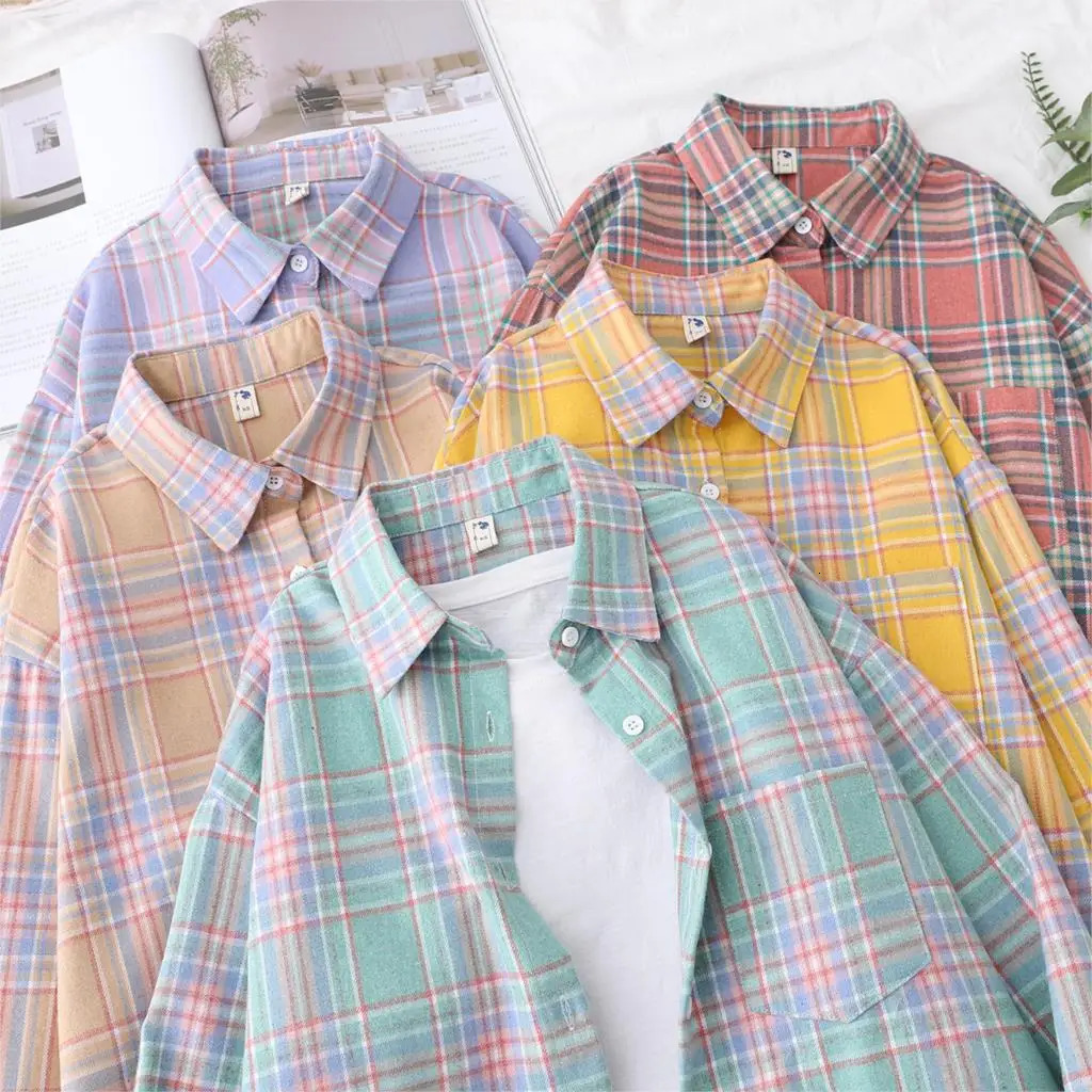 Fashion Loose Womens Plain Shirt Fresh University Style Shirt and Top Long Sleeve Casual Womens Checkered Clothes 250409