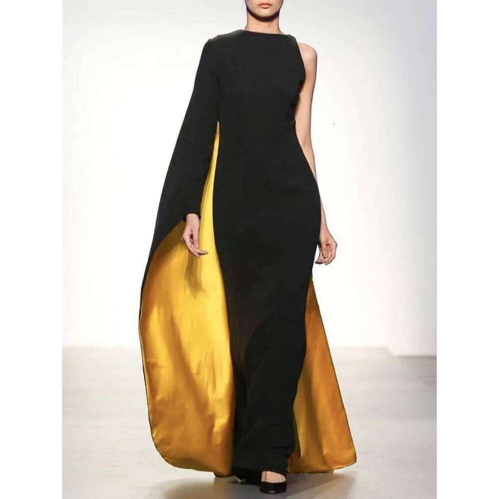 Freeacy Women's Asymmetric Cape Dress Ruffled One-Sleeve Floor Length Evening Gowns 2025 Stylish Contrast Color Party Dresses