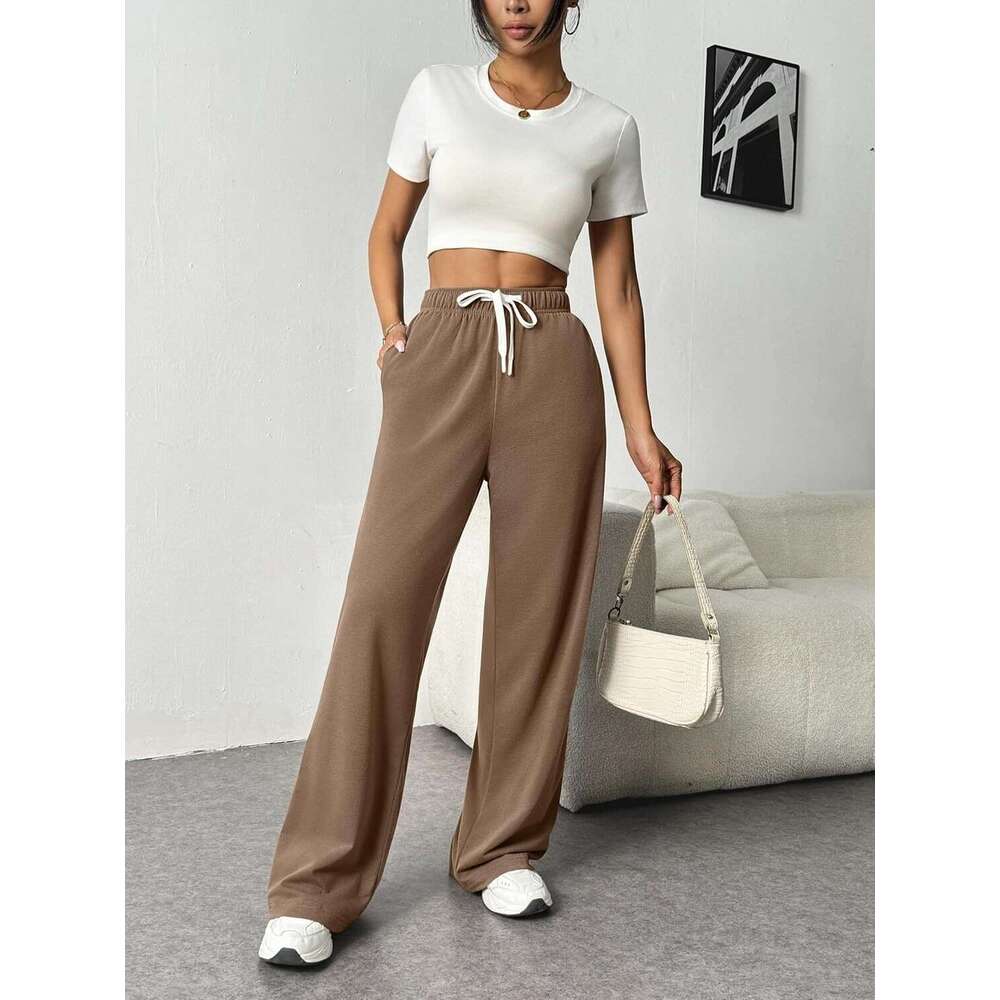 2025 Amazon Cross-Border Autumn Winter Women's Wide-Leg Sweatpants High Waist Loose Casual Drawstring Fitness Pants with Pockets