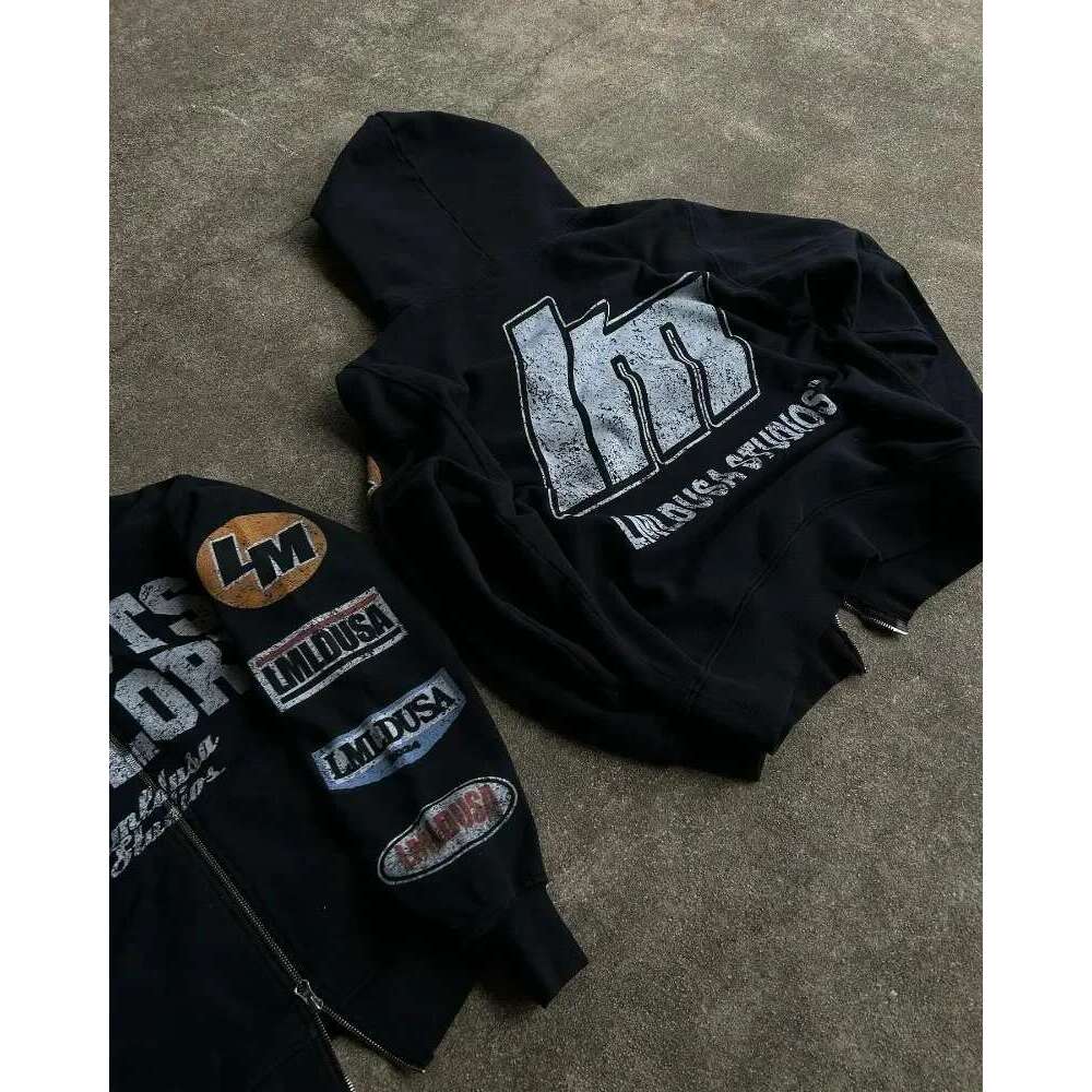New Motorcycle Style Haruku Letter Printed Hoodie Retro Gothic High Street Men And Women Casual Loose Sweatshirt
