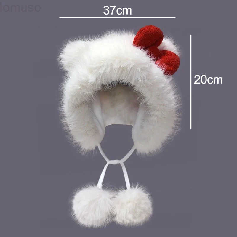Sanrio Kawaii Hello Kitty Plush Bomber Cap Winter Sweet Red Bow Hat Cute Women Warm Windproof Ear Protection Pom-Pom Christmas Gifts H251110