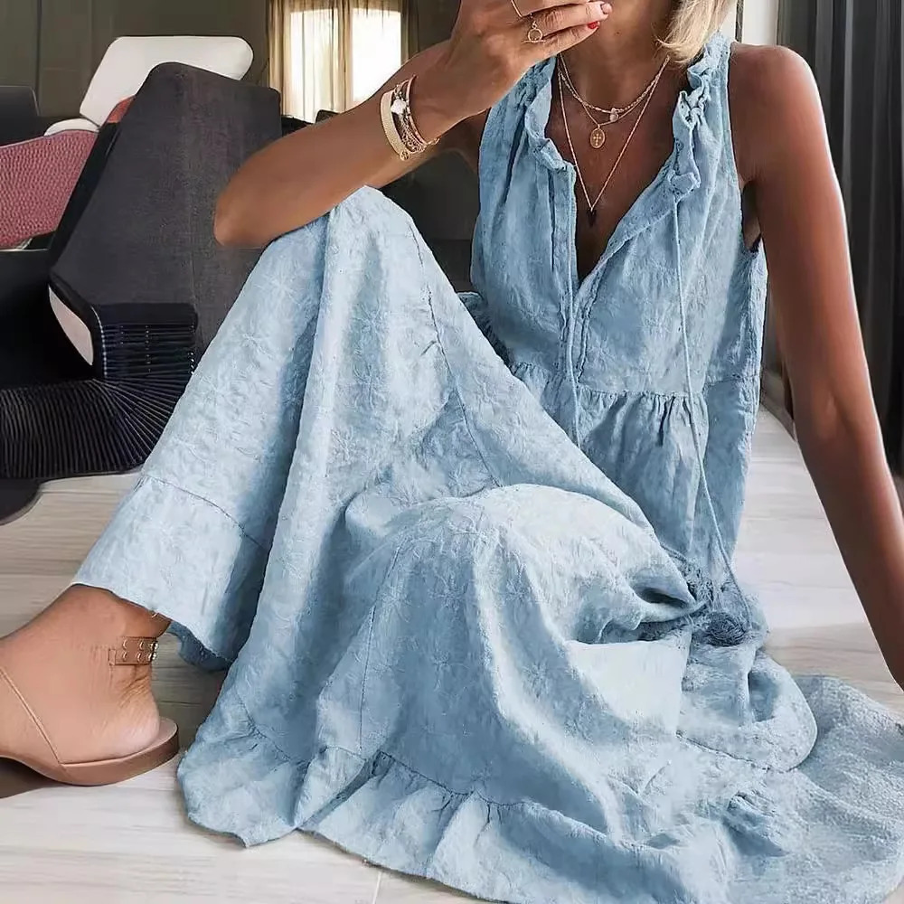 Leisure Cotton Maxi Dress Womens Summer Sleeves Lace Strap Loose Beach Vacation Womens Tank Top Fashion Splicing Folding Too Large 250409
