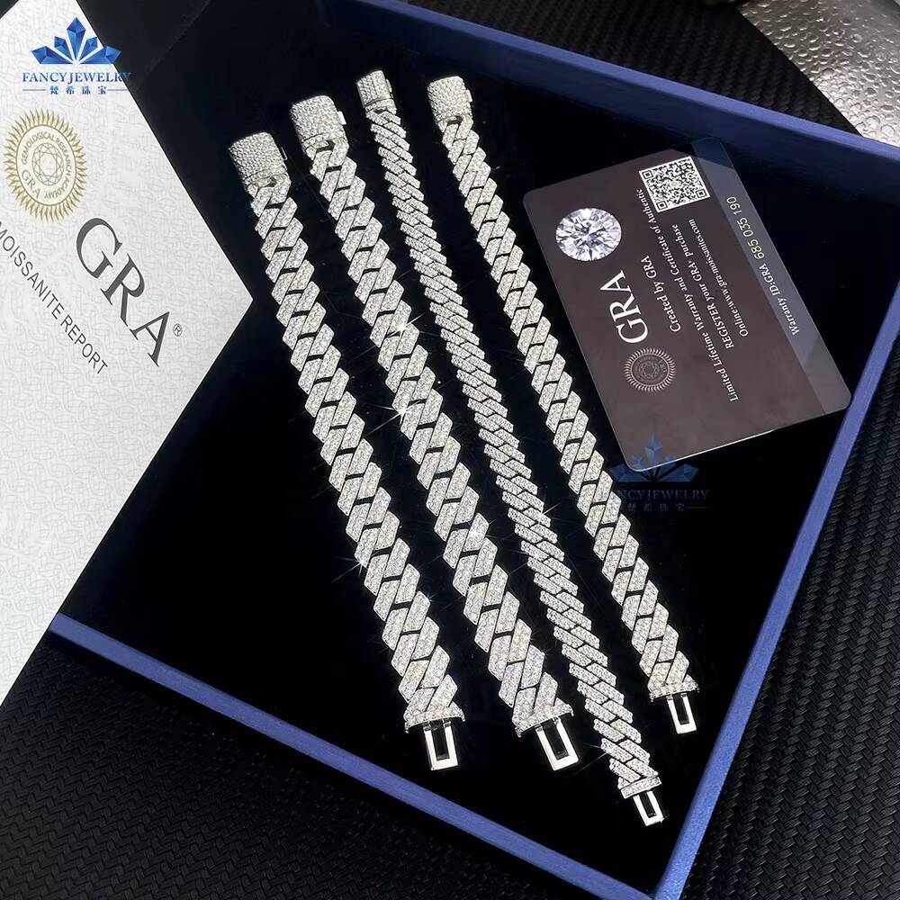 Custom Luxury 8MM 10MM 12MM 7 Inches Full Iced Out Hiphop Moissanite Diamond 925 Silver Cuban Link Chain Bracelet for Men