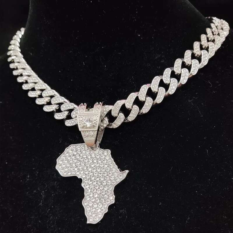 Men Women Hip Hop Iced Out Bling Map of Africa Pendant Necklace with 13mm Cuban Chain HipHop Necklaces Fashion Charm Jewelry