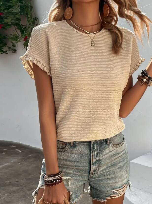 Amazon European and American Independent Station Elegant Solid Color Round Neck Top Vacation Casual Loose Ruffled Short Sleeve T-Shirt for Women