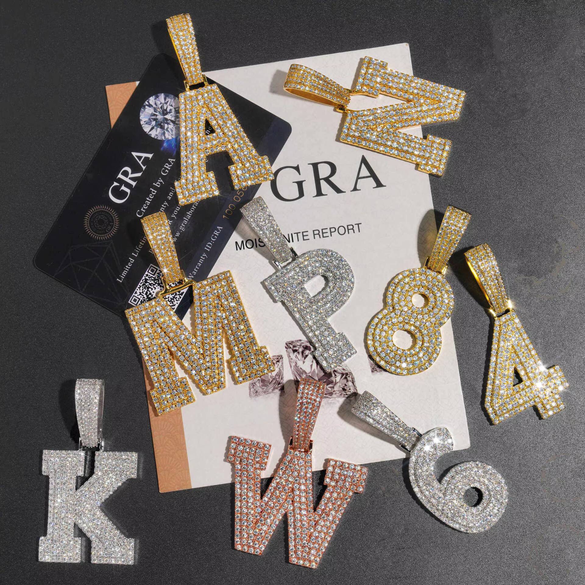 Iced 925 Sterling Silver VVS Moissanite Pendant Necklace A-Z Initials Letters Number Name Gold Trendy Passes Diamond Tester