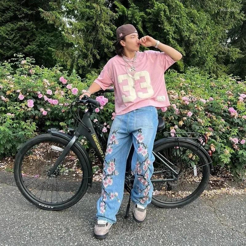 Men's Jeans Y2K Casual Baggy Pants Men Harajuku Cherry Blossom Print Pattern Gothic Women Hip Hop Streetwear Wide Leg Denim