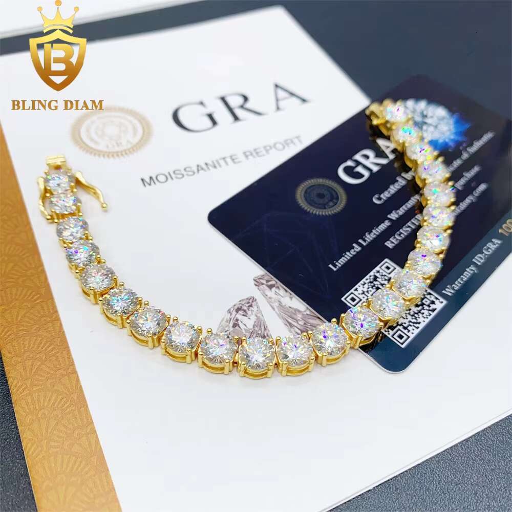 GRA Certificates 925 Sterling Silver Gold Plated Hip Hop Jewelry VVS Moissanite Diamond 6.5mm Tennis Chain