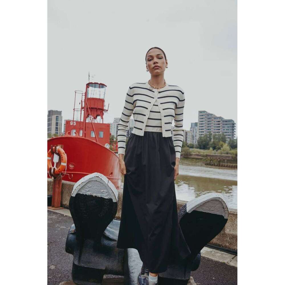 AS Aw25 Stripe Knitting Cardigan + Sleeveless Patch Dress Maxi Matching Set For Woman Clothing