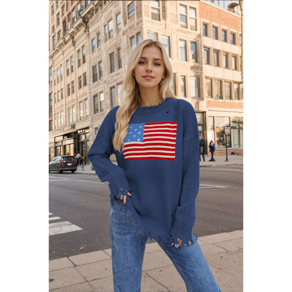 2024 autumn winter new hot selg round neck national flag, European and American Easter Independence Day fashion sweater for women