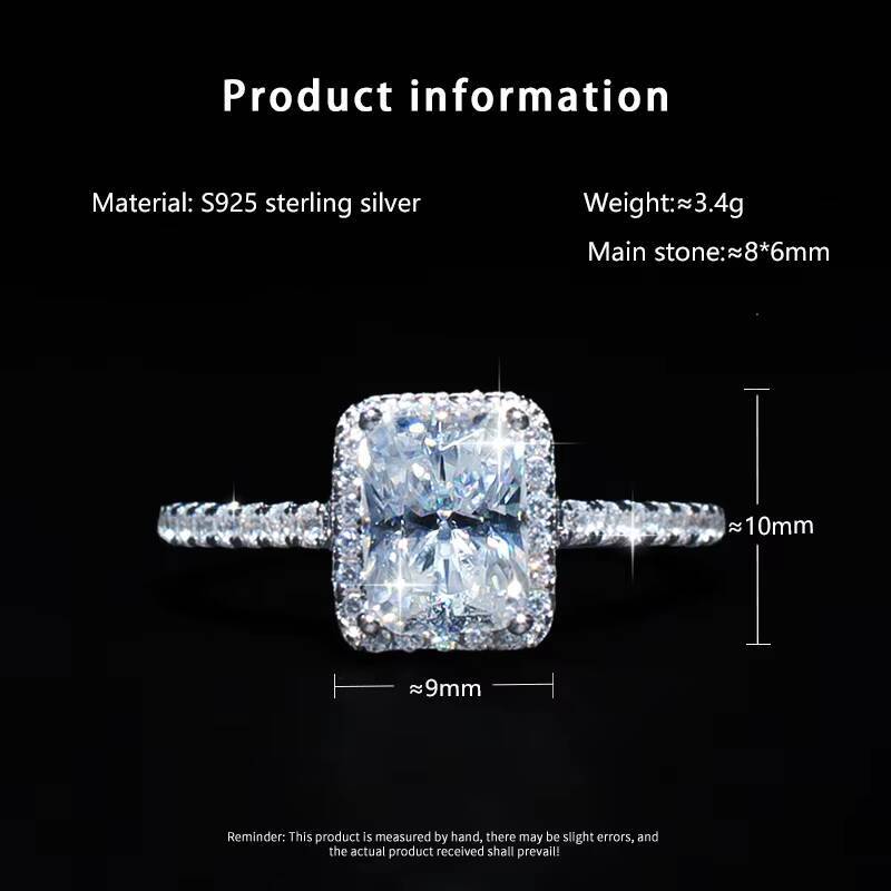Classic Simple 1CT 2CT Radiant Cut Special Shaped VVS D Color Moissanite S925 Sterling Silver Women Wedding Ring