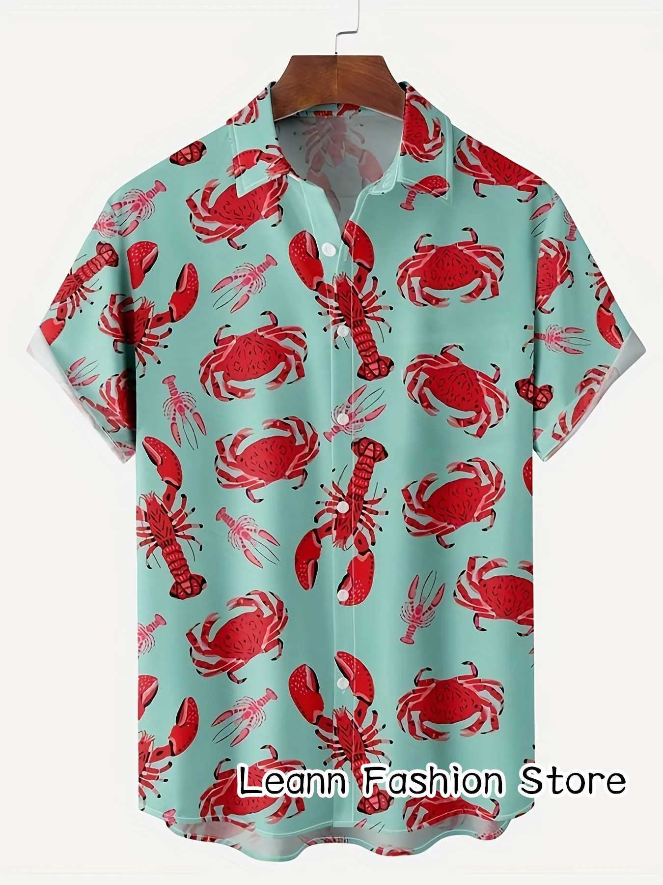 Mens summer fashionable beach shirt crab lobster print casual and casual Hawaiian vacation short sleeved clothing X250410
