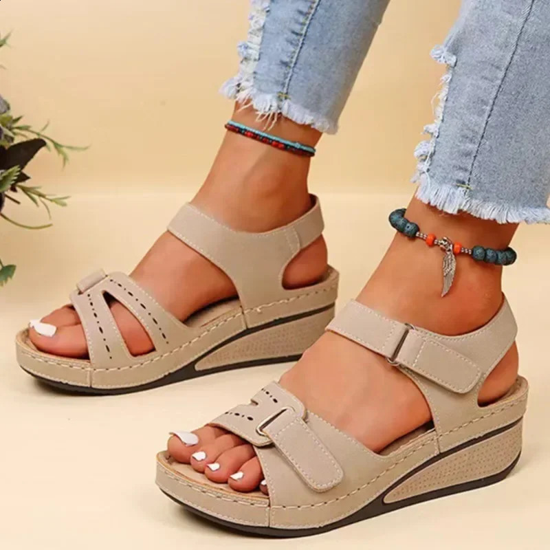 Open Toe Fashion Womens Sandals Summer Soft Sexy Womens Sandals Wedge Buckle Womens Orthopedic Sandal Footwear Female 250402