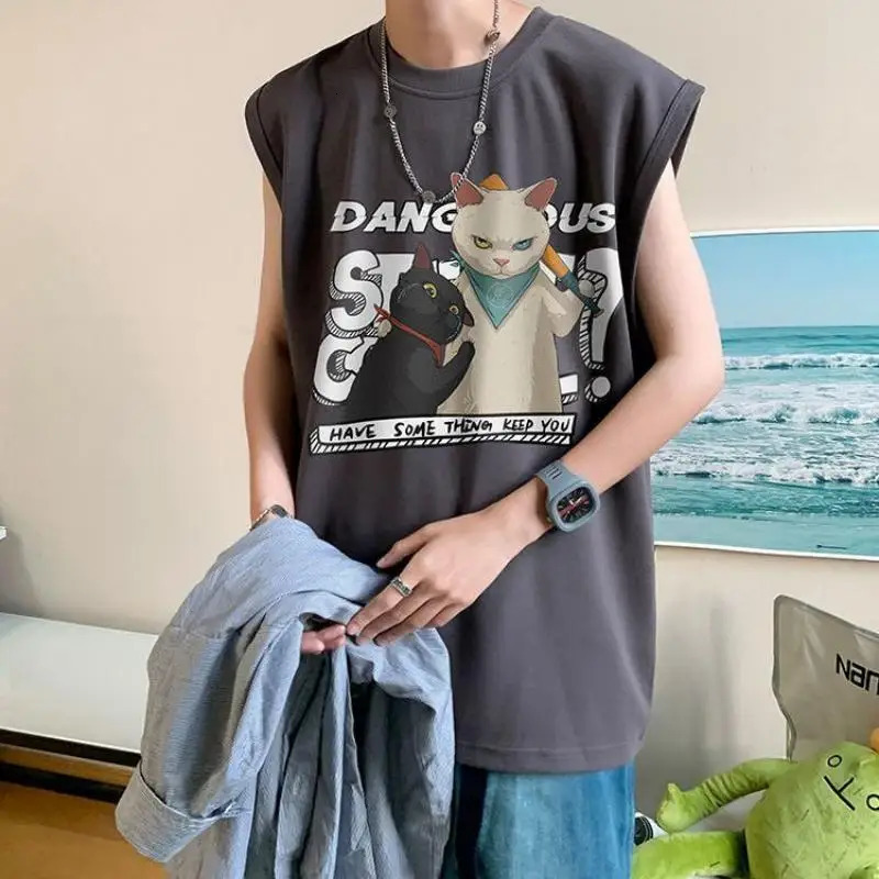 Summer fashion casual printed sleeveless vest mens fitness sleeveless T-shirt beach vest loose cotton T-shirt 250408