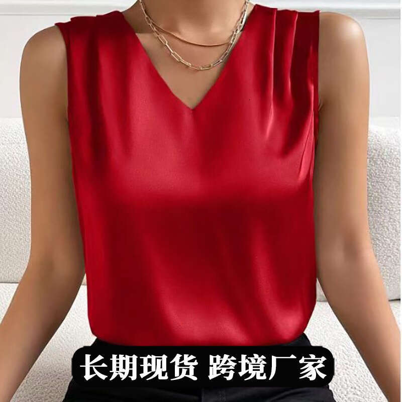 2025 Amazon Fashion Cross-Border Women's Clothing Satin Blazer with Cut Sleeves Elegant Commuter Vest Base Shirt