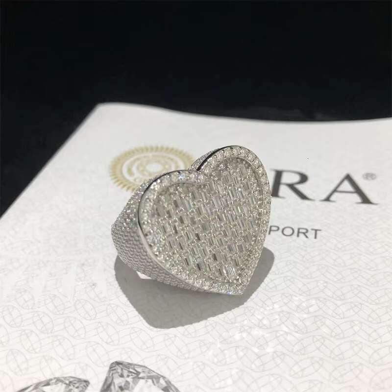 Fashion Silver Full Diamond Heart Moissanite Ring Hip Hop Couple Rings