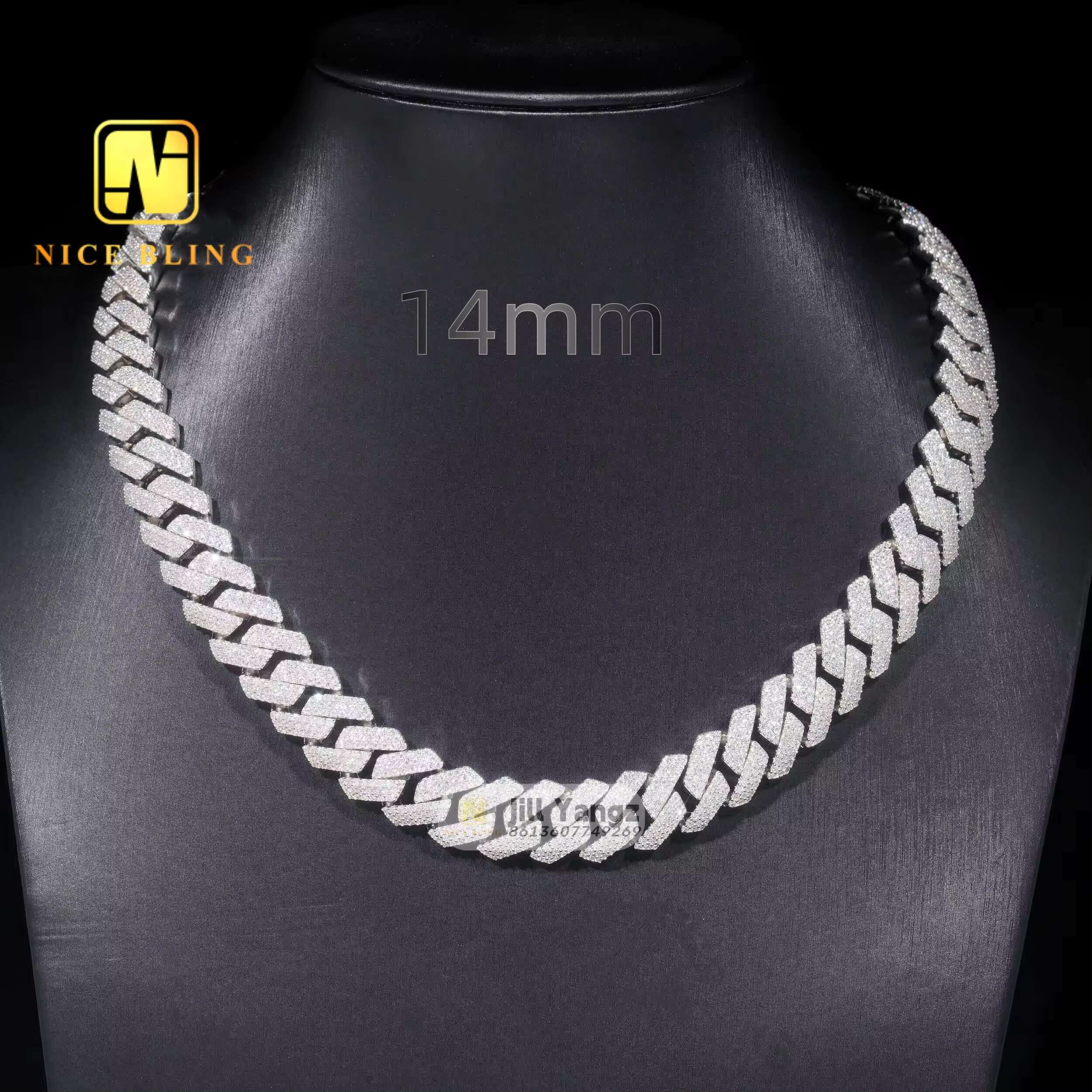 14mm Monaco Chain 3 Rows Hip Hop Rock Sier Moissanite Cuban Bracelet Gold Plated Necklace