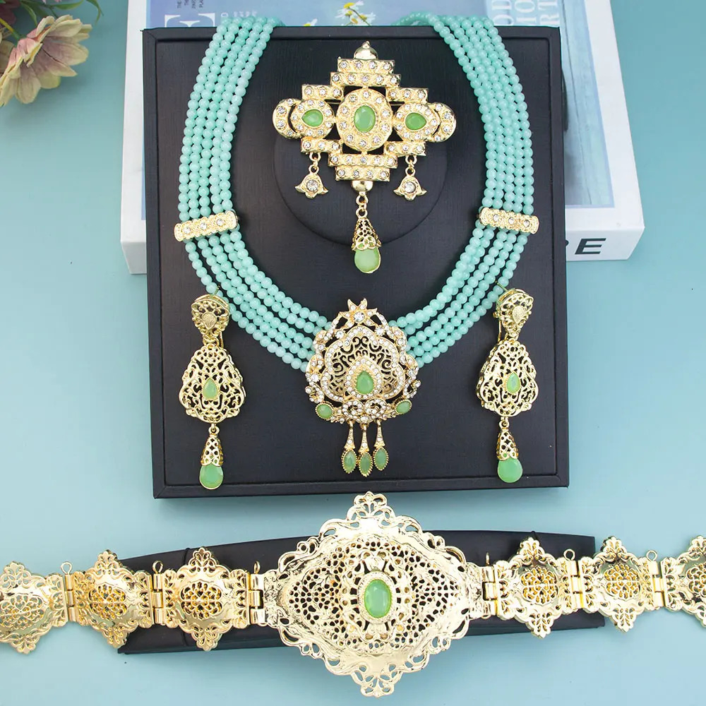 Sunspicems Gold Color Morocco Caftan Belt Waist Chain Women Beads Chain Choker Necklace Long Earring Arab Bridal Wedding Jewelry 250409