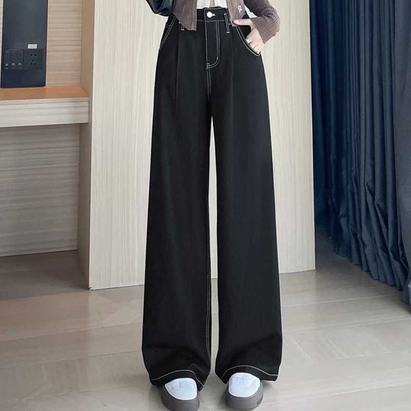 2025 New Autumn Vintage Denim Casual Loose Womens Wide Leg Pants High Waist Solid Female Straight Office Full Length Trousers C251110
