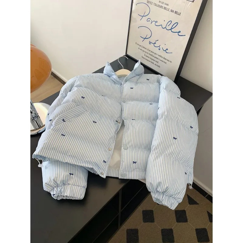 Womens Winter Tops Jacket Cotton Coat Striped Bow Thickened Warm Vintage Simple Comfortable Leisure Fashion Niche Versatile 251107