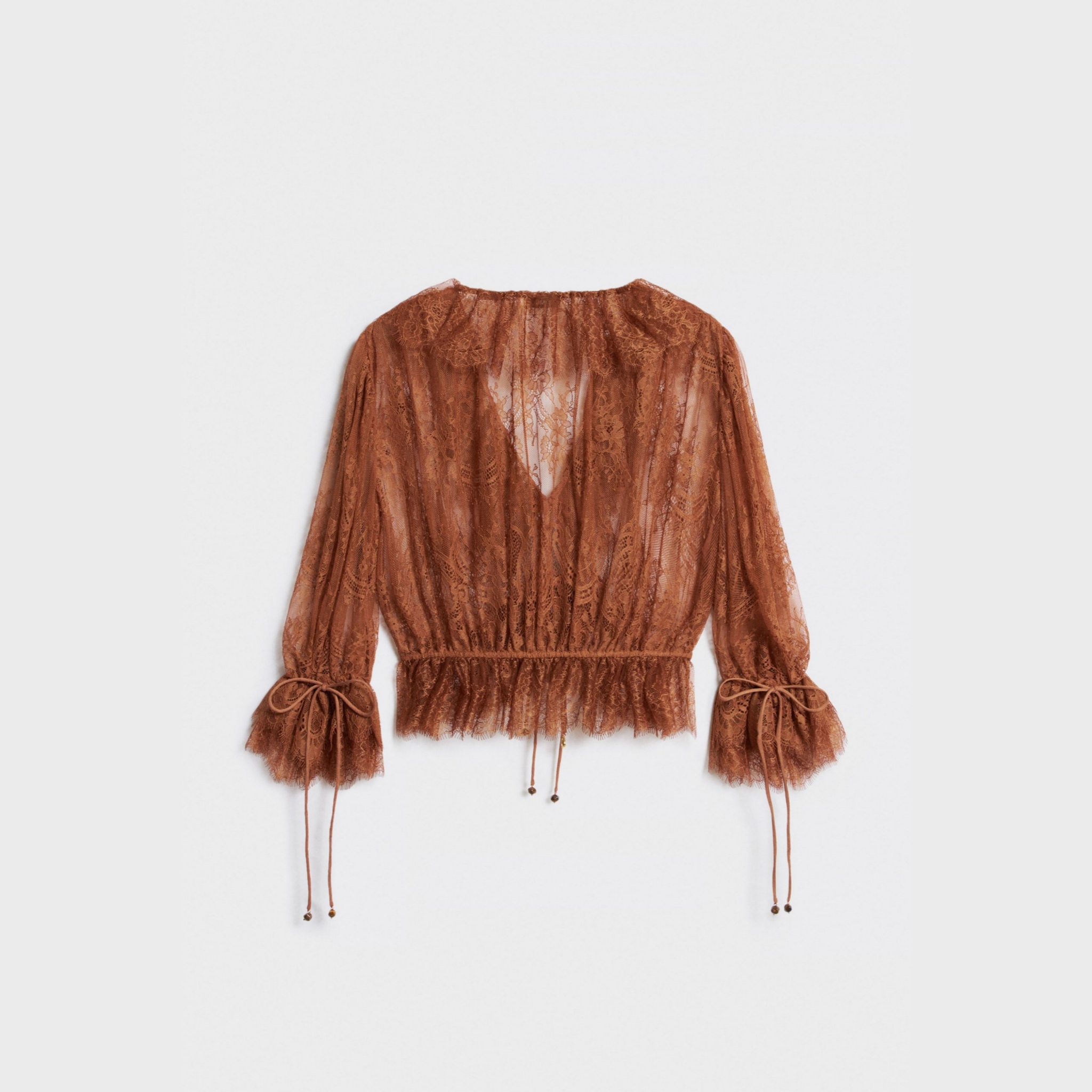 Women's Brown Sheer Lace Floral Blouse, V-Neck Tie Detail Ruffled Sleeve Top