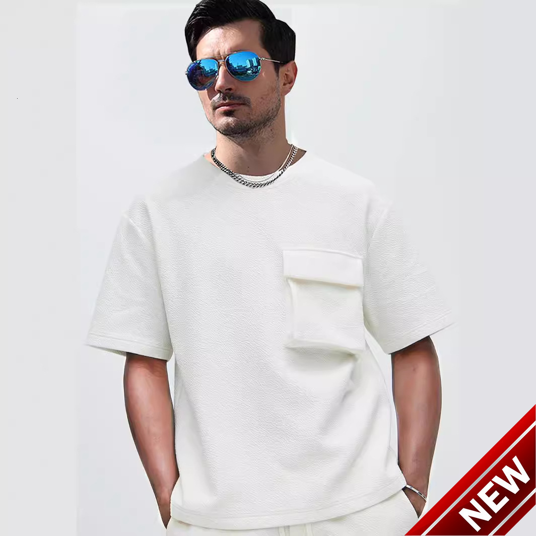 2025 new mens patch pocket wrinkled fabric round neck casual loose 5-point sleeve top