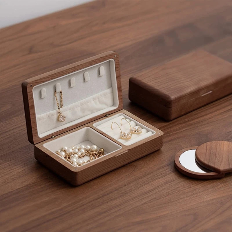 R2LE Portable Flannelette Jewelry Storage Box High-end Luxurious Black Walnut Vintage Necklace Earrings Portable Travel Case 250409