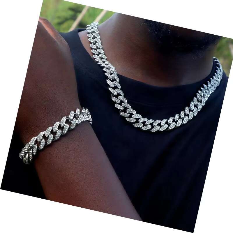 Unisex Stainless Steel Jewelry Collana Ice Chain Sieraden Miami Stone PVD Punk Cuban Necklace Set