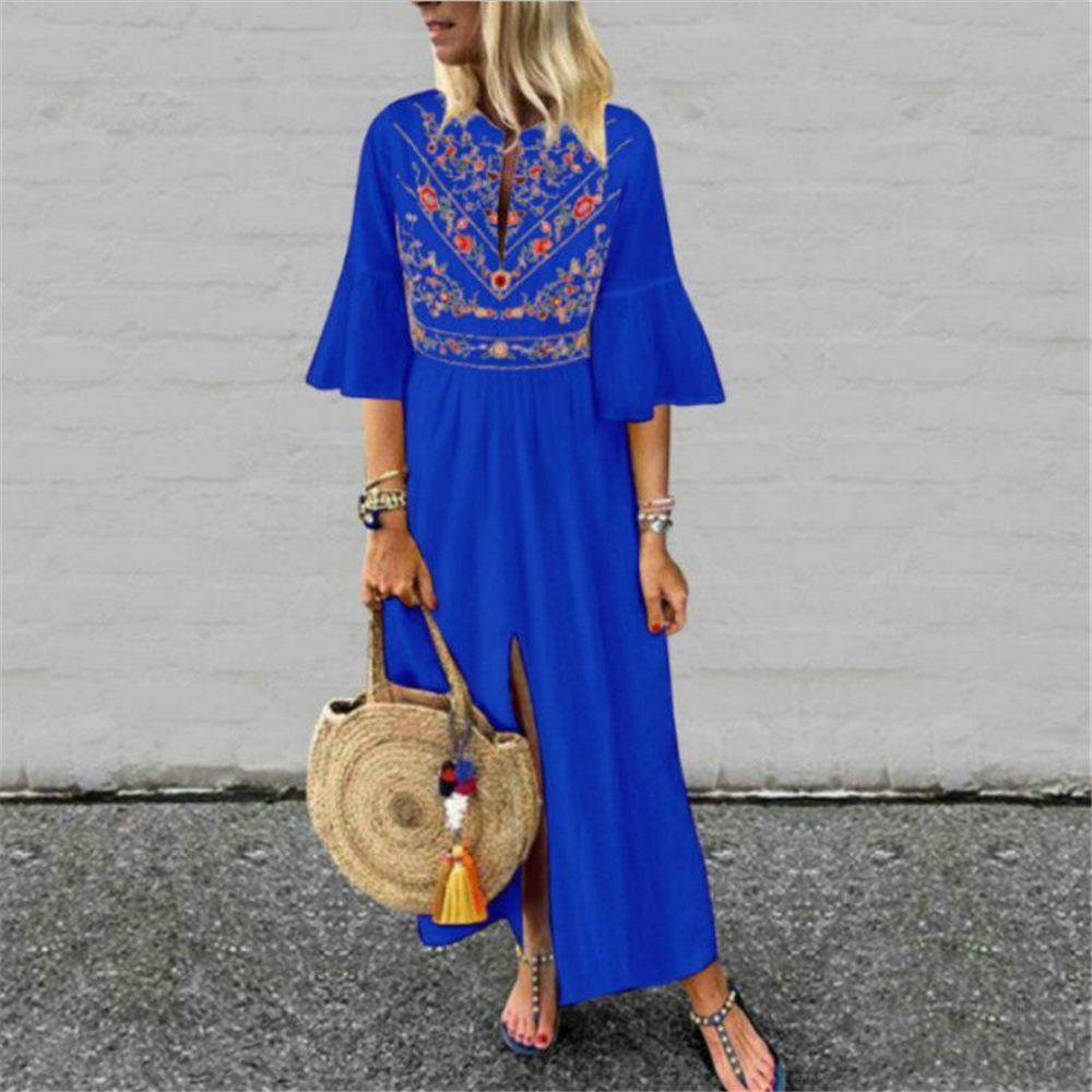 Ethnic style loose fitting casual mid sleeve printed patchwork A-line dress LQ5540