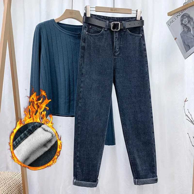 Fleece Thick Warm Straight Leg Jeans Womens New Autumn and Winter Fashion Loose High-waisted Harlan Jeans Casual Daddy Pants C251110