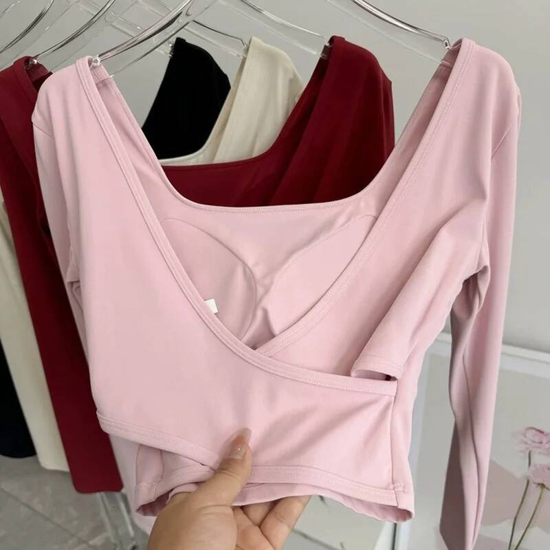 Women's Fitness Yoga Suit Back Cross Sports Top with Chest Cushion Long Sleeved T-Shirt for Running