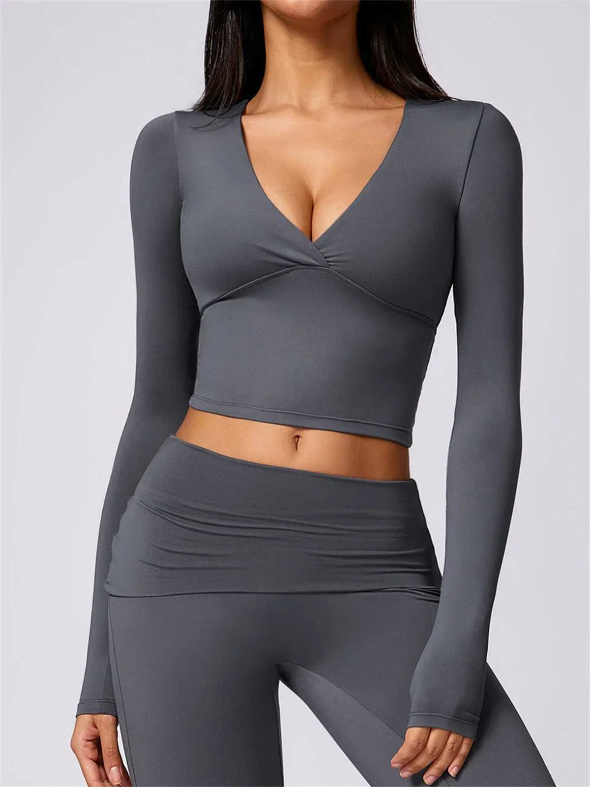 Yoga shirt womens black gray V-neck long sleeved mat gym top sexy weight loss breathable exercise T-shirt sportswearXJ250410