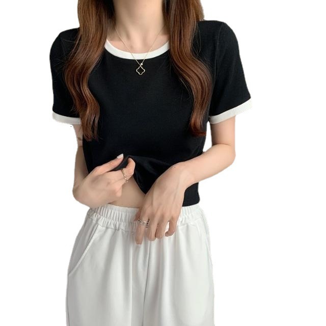 2025S Designer Women S T Shirt Color Blocking Round Neck Sleeved T Shirt For Women New Summer Base Shirt Korean Version Slim Fit Short Student Top Tre