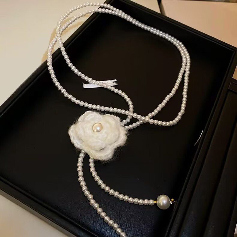 Knitted Flower Pearl Beaded Layered Crystal Necklace Super Fairy Sweet Temperament Collarbone Niche Design Sweater Chain
