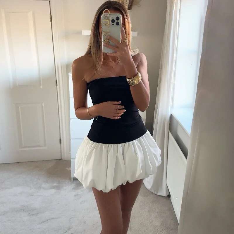 TARUXY Contrast Color Mini Folds For Women Strapless Sexy Slim Sleeveless Ruched Splice Y2k Beach Female Club Party Dress