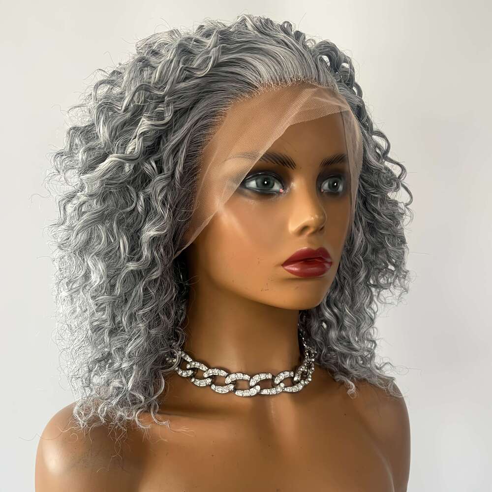 Gray Kinky Curly Synthetic Front Pre-Plucked, 13X3 Lace Area, High-Temperature Fiber, Heat Resistant, Glueless Full Set Women - Ideal Mother's Da