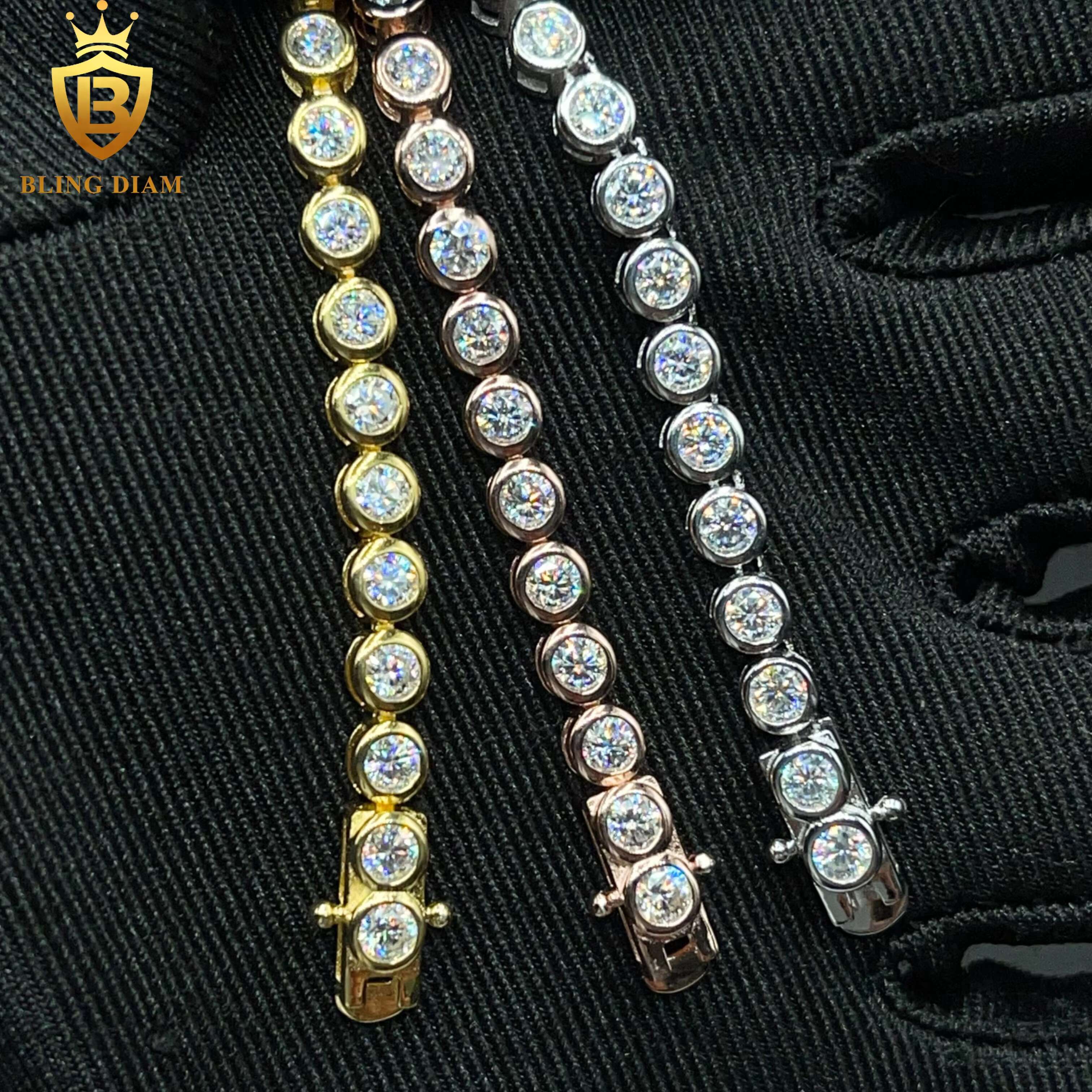 Blingdiam Jewelry 925 Silver Gold Plated VVS Moissanite Pass Diamond Tester Tennis Chain 3mm Bracelet Necklace