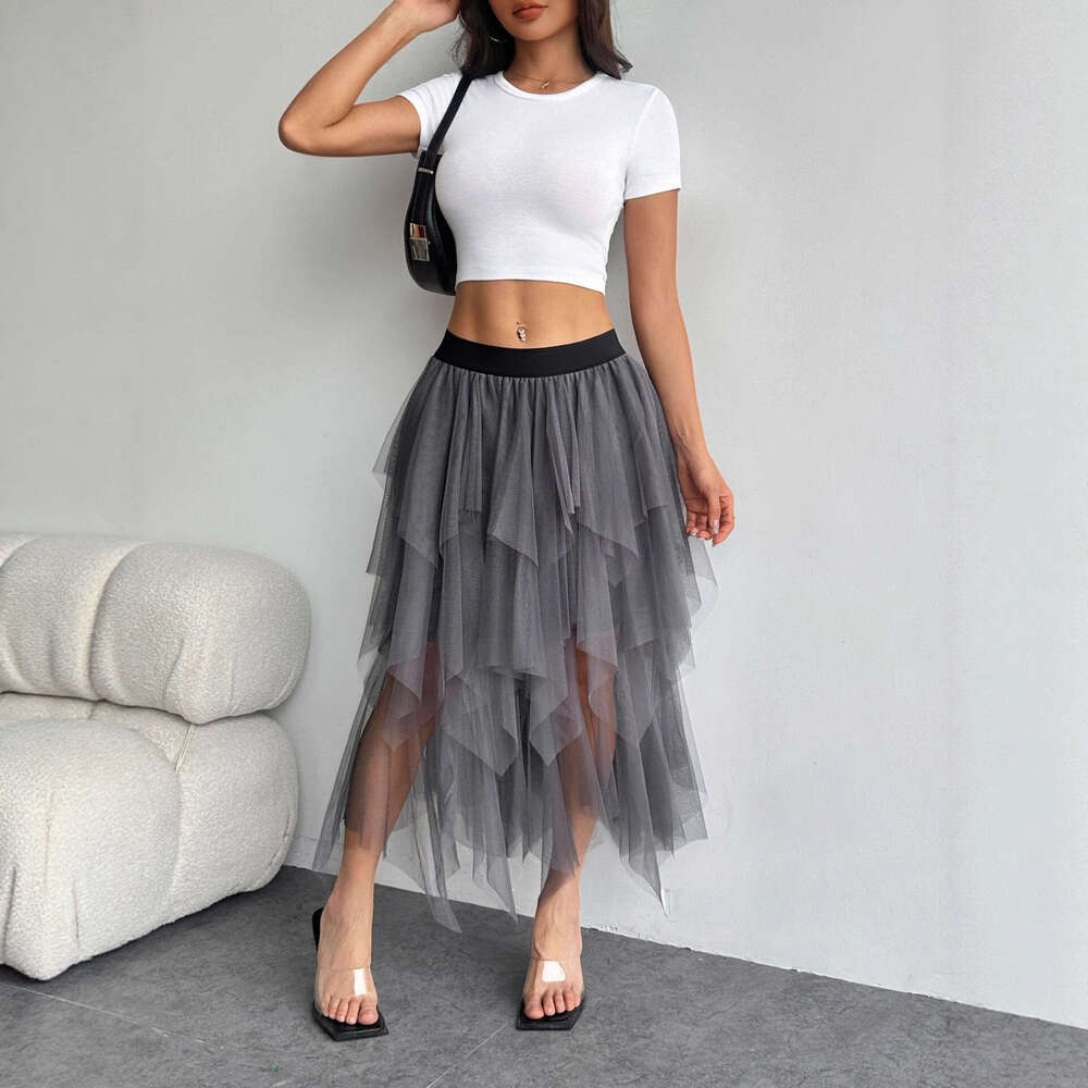 Irregular Mesh Midi for Women, Mid-Length, 2025 Spring New High Waist Versatile Slimming Skirt